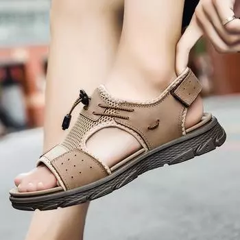 Мужские сандалии с открытым носком, широкие уличные спортивные кроссовки ручной работы, белые пляжные прогулочные римские сандалии, кожаная обувь для прогулок EU:40 чёрный