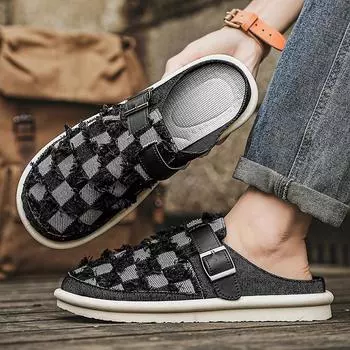 Мужские сандалии с закрытым носком — дышащие парусиновые летние сандалии с легкой плоской подошвой для повседневной носки на открытом воздухе 39 чёрный