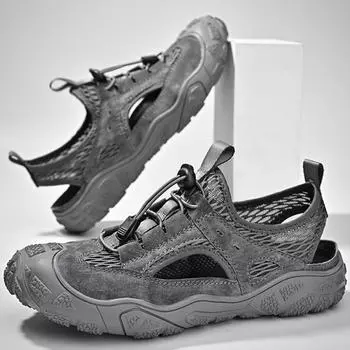 Мужские сандалии с закрытым носком, летние сетчатые дышащие модные повседневные кожаные сандалии, обувь для скалолазания большого размера 38 чёрный