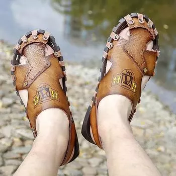 Мужские сандалии с закрытым носком, широкие уличные спортивные кроссовки ручной работы, белые пляжные прогулочные римские сандалии, кожаная обувь для прогулок EU:40 чёрный