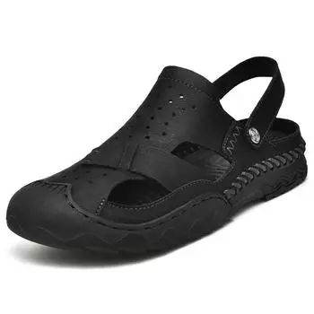 Мужские сандалии, сандалии из натуральной кожи, летняя повседневная обувь, мужские римские пляжные сандалии с большим носком, летние мужские сандалии 38 чёрный