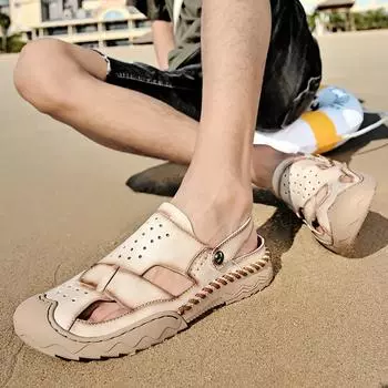 Мужские сандалии, сандалии из натуральной кожи, летняя повседневная обувь, мужские римские пляжные сандалии с большим носком, летние мужские сандалии 38 чёрный