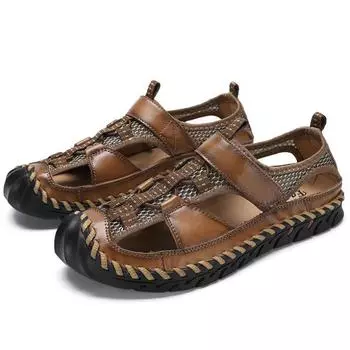Мужские сандалии, сшитые вручную, мужская повседневная обувь, сандалии из искусственной кожи, тапочки, открытая пляжная обувь 48 темно-коричневого