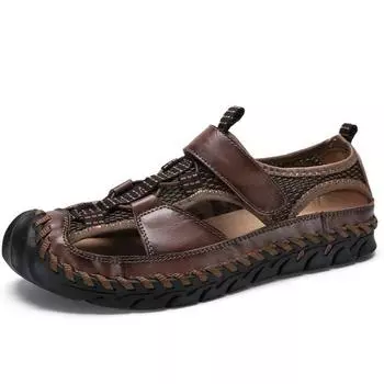 Мужские сандалии, сшитые вручную, мужская повседневная обувь, сандалии из искусственной кожи, тапочки, открытая пляжная обувь 38 чёрный