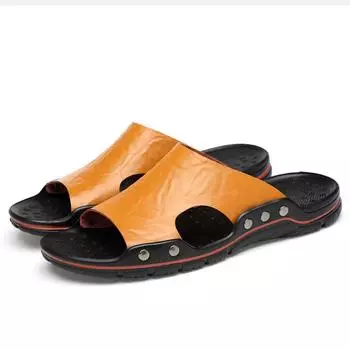 Мужские сандалии тапочки мужская обувь из натуральной кожи летние дышащие уличные нескользящие мужские сандалии на плоской подошве социальная обувь 2024 года новейшие 43 жёлтый