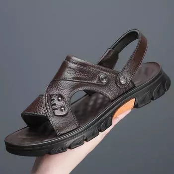 Мужские сандалии, тапочки, натуральная кожа, воловья кожа, мужская летняя обувь, повседневные сандалии для отдыха на природе, пляжная обувь, большой размер 38-47 38 чёрный