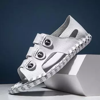 Мужские сандалии тренд 2024 года лето новые повседневные нескользящие мягкие подошвы римские классные кожаные туфли для вождения уличные тапочки мужские 38 белый