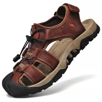 Мужские сандалии трендовые 2025 новая летняя обувь для улицы нескользящая мягкая подошва кожаная сумка голова повседневные молодежные пляжные туфли 38