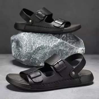 Мужские сандалии весна 2025 новые с плоской подошвой для отдыха на открытом воздухе вождения двойного назначения для работы односложные тапочки классные тапочки мужские 39 чёрный