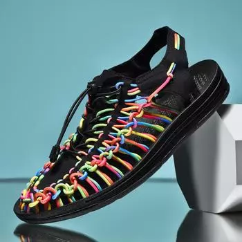 Мужские сандалии, женские тапочки, летние пляжные сандалии с плетеным дизайном, дышащие повседневные сандалии на плоской подошве, сандалии для пар на открытом воздухе, размер 48 39