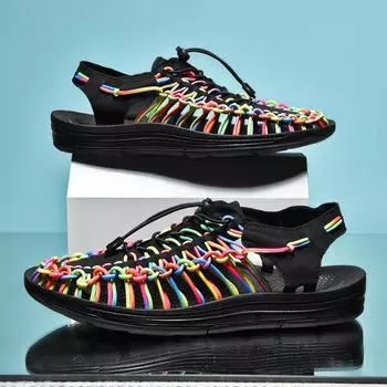 Мужские сандалии, женские тапочки, летние пляжные сандалии с плетеным дизайном, дышащие повседневные сандалии на плоской подошве, сандалии для пар на открытом воздухе, размер 48 39