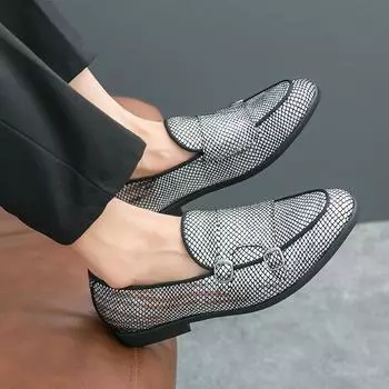 Мужские серебряные туфли-монки, туфли-лоферы, свадебные туфли, золотые, повседневные, формальные, деловые, кожаные туфли для выпускного вечера, ночного клуба, большие размеры EU: 38 чёрный