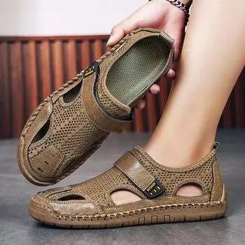 Мужские сетчатые сандалии с плоской подошвой и ручной строчкой для воздухопроницаемости, модные повседневные нескользящие мужские сандалии большого размера для пляжа 39