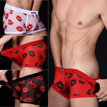 Мужские сексуальные боксеры с принтом «Поцелуй губ» и низкой талией, прозрачное нижнее белье, мужские шорты-боксеры XXL