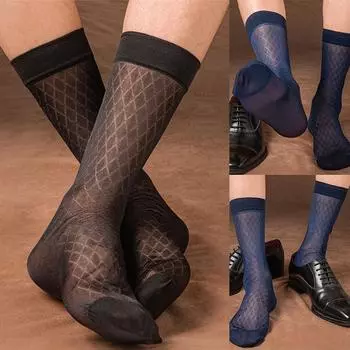Мужские сексуальные чулки в клетку, прозрачные носки, дышащие темно-синий