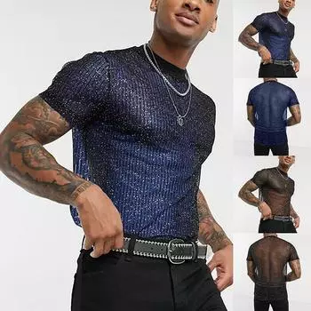 Мужские сексуальные футболки, Мужская футболка в стиле ночного клуба, сетчатая тонкая дышащая модная нижняя рубашка для ночного клуба S чёрный