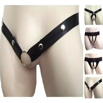 Мужские полые сексуальные стринги из полиуретановой кожи чёрного цвета