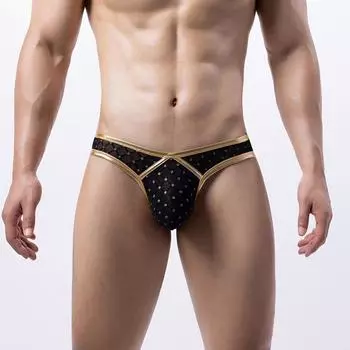 Мужские сексуальные трусики, черные, золотые, ромбовидные, сетчатые, полупрозрачные, сексуальные, стринги, низкая талия, дышащие, подходящие по цвету шорты M(INTL.S)
