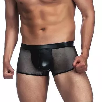 Мужские сексуальные трусы большого размера, черные сексуальные сетчатые прозрачные боксеры, полые прозрачные шорты из искусственной кожи S(INTL.XS)