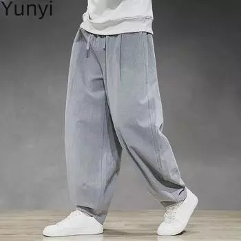 Мужские шаровары большого размера из хлопка и льна с широкими штанинами на весну и лето 3XL чёрный