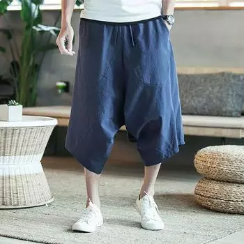 Мужские шаровары Harajuku, мужские летние хлопковые льняные брюки-джоггеры, мужские винтажные однотонные брюки в китайском стиле длиной до икры XXXXXL чёрный