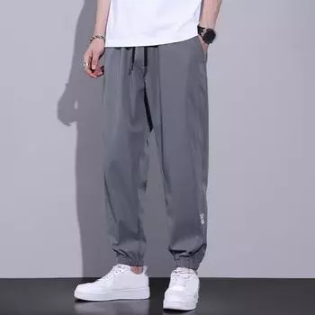 Мужские шаровары Ice Silk с тонкими боковыми карманами и резинкой на щиколотке, однотонные, быстросохнущие, для занятий спортом, пробежек и тренировок M чёрный