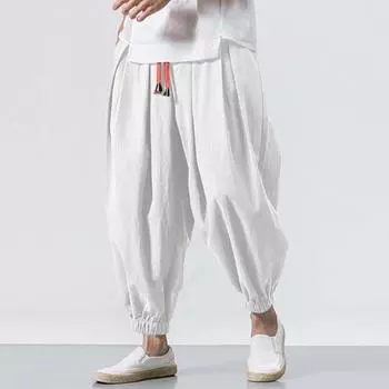 Мужские шаровары мешковатые с глубоким промежностью, свободные, на шнурке, с эластичной резинкой на талии, карманы больших размеров, мягкие дышащие повседневные повседневные брюки-шаровары с ремешками на щиколотке 3XL белый