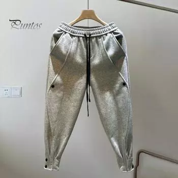 Мужские шаровары с эластичной талией на шнурке, с отделкой на щиколотках и пуговицами, однотонные свободные брюки в спортивном стиле для офиса M светло-серый