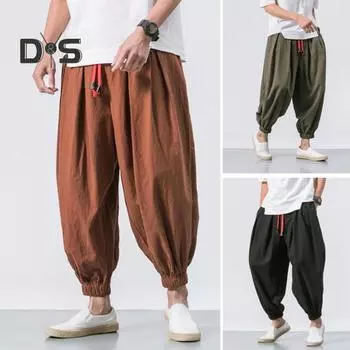 Мужские шаровары с эластичным поясом на шнурке, однотонные длинные брюки в китайском стиле с боковыми карманами, шаровары в стиле ретро, уличная одежда 3XL кофейный