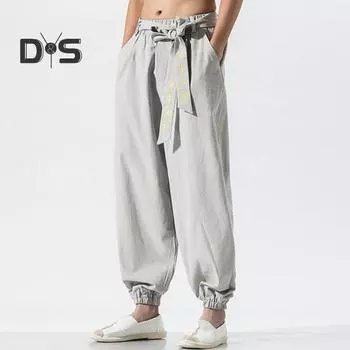 Мужские шаровары с поясом и эластичной резинкой на талии, свободные плиссированные однотонные длинные брюки в китайском стиле с вышивкой на щиколотке L чёрный