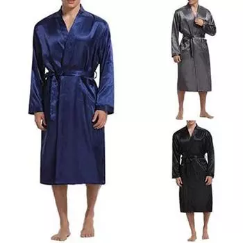 Мужские шелковые атласные халаты, пижамы с длинными рукавами, однотонные пижамы, кимоно, мужской халат, одежда для дома L серый