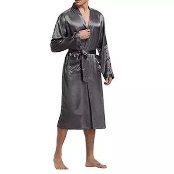 Мужские шелковые атласные халаты, пижамы с длинными рукавами, однотонные пижамы, кимоно, мужской халат, одежда для дома L серый