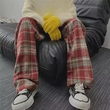 Мужские шерстяные брюки в клетку в стиле ретро с широкими штанинами на осень/зиму L красный