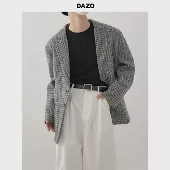 Мужские шерстяные клетчатые куртки в стиле ретро — свободные, красивые и модные в корейском стиле для весны и осени M серый