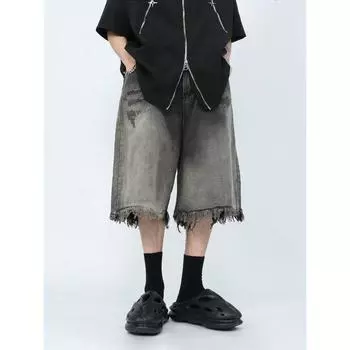 Мужские широкие брюки с заусенцами, черные, серые джинсовые шорты, стильные капри унисекс, летние женские свободные джинсы до колена с высокой талией XXXL чёрный