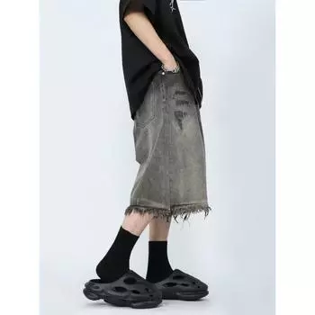 Мужские широкие брюки с заусенцами, черные, серые джинсовые шорты, стильные капри унисекс, летние женские свободные джинсы до колена с высокой талией XS чёрный