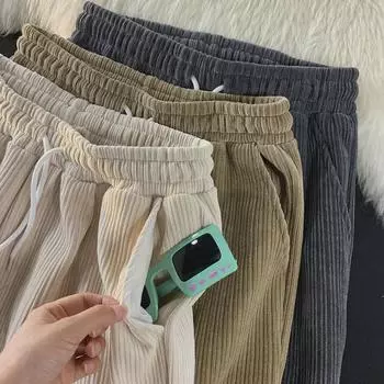 Мужские широкие брюки вельвета в стиле ретро — гонконгский стиль, свободный крой, длина девять точек, повседневная спортивная одежда на весну и осень. 2XL коричневый