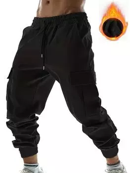 Мужские широкие термозауженные брюки с завязками, модные однотонные повседневные мешковатые брюки, брюки для йоги, уличная одежда, хип-хоп, рэперский стиль S чёрный
