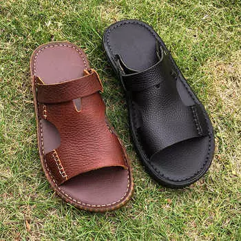 Мужские шлепанцы американского размера, повседневные сандалии из натуральной кожи с зерном личи, летняя уличная обувь для взрослых 6 чёрный
