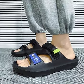 Мужские шлепанцы для мужчин, повседневные, пляжные, черные, хаки, коричневые, на плоской подошве, большие, с открытым носком, летние туфли для мальчиков 39-47 EU:39 чёрный