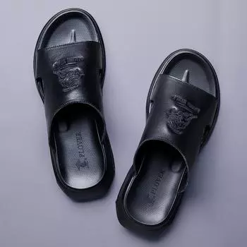 Мужские шлепанцы из натуральной кожи, вышитые, повседневные сандалии, удобные шлепки, амортизирующая пляжная обувь 38 чёрный