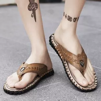 Мужские шлепанцы на плоской подошве, очень широкие сандалии для отдыха на пляже, повседневные мягкие кожаные шлепанцы для ходьбы, большие размеры 38 чёрный