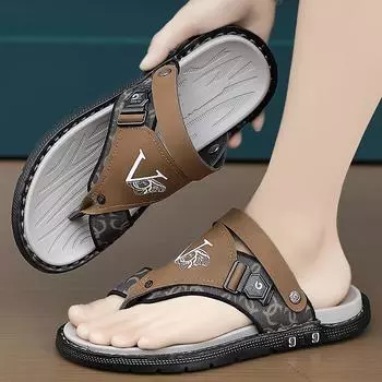 Мужские шлепанцы, походные сандалии из кожи, летние серые, черные, широкие, синяя, пляжная обувь, большие размеры, открытый носок, большие размеры EU:39 чёрный