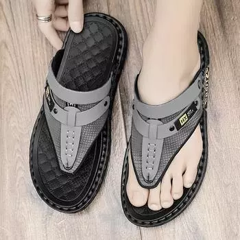 Мужские шлепанцы, походные сандалии из кожи, летние коричневые, широкие, синяя, пляжная обувь, большие размеры, открытый носок, большие размеры EU:39 чёрный