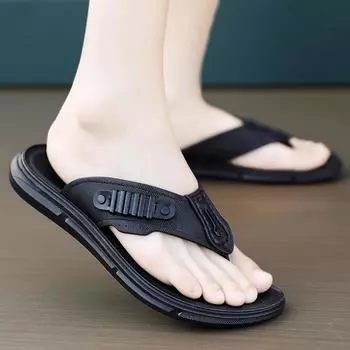 Мужские шлепанцы, походные сандалии из кожи, летние белые, черные, широкие, синяя, пляжная обувь, большие размеры, открытый носок, большие размеры EU:39 чёрный