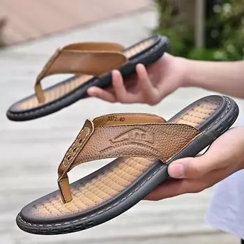 Мужские шлепанцы, шлепанцы на плоской подошве, очень широкие сандалии, уличные пляжные повседневные мягкие кожаные шлепанцы для ходьбы 38 чёрный