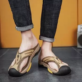 Мужские шлепанцы, шлепанцы на плоской подошве, очень широкие сандалии, уличные пляжные повседневные мягкие кожаные шлепанцы для ходьбы 38 чёрный