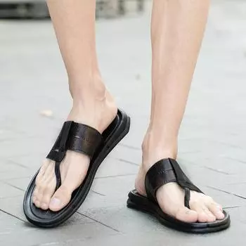 Мужские шлепанцы, шлепанцы на плоской подошве, очень широкие сандалии, уличные пляжные повседневные мягкие кожаные шлепанцы для ходьбы 38 чёрный