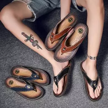 Мужские шлепанцы, шлепанцы, очень широкие сандалии на плоской подошве, уличные пляжные повседневные мягкие кожаные туфли на плоской подошве для прогулок, большие размеры 38 чёрный