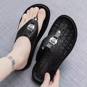 Мужские шлепанцы, шлепанцы, очень широкие сандалии на плоской подошве, уличные пляжные повседневные мягкие прогулочные туфли на плоской подошве из натуральной кожи, большие размеры 38 чёрный